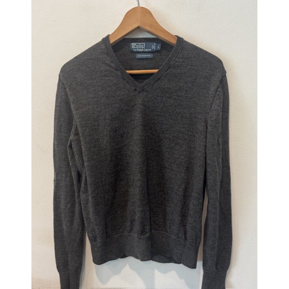 Polo Ralph Lauren Men's Large Charcoal Gray Merino Wool V-Neck Sweater